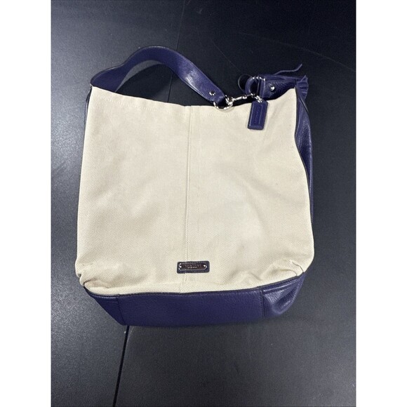 Authentic Coach Avery Natural Canvas & Indigo Leather Shoulder Bag, Hobo F28911 - Picture 1 of 11